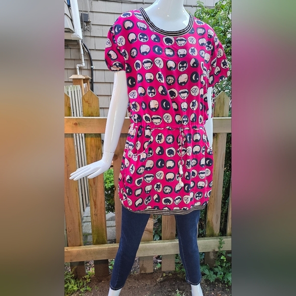 Anna Sui silk, lined dress, with drawstring waist, red with cream/black/silver. - Picture 13 of 15